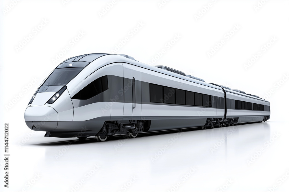 Fototapeta premium High speed commuter train isolated on white background, Selective focus modern convenience train on white, Public transport on railroad.