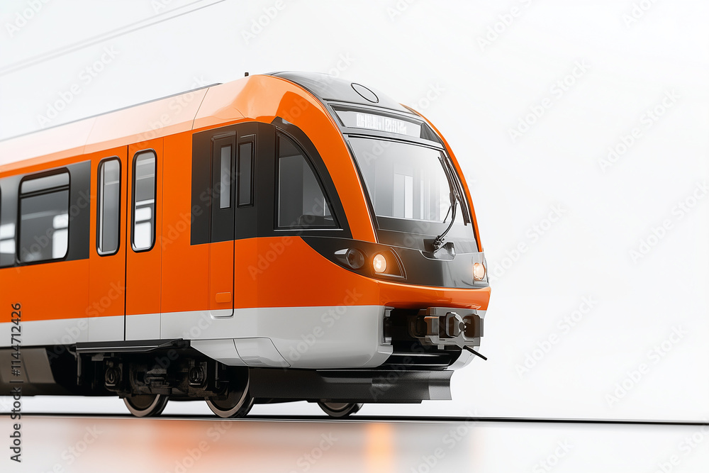 Fototapeta premium High speed commuter train isolated on white background, Selective focus modern convenience train on white, Public transport on railroad.