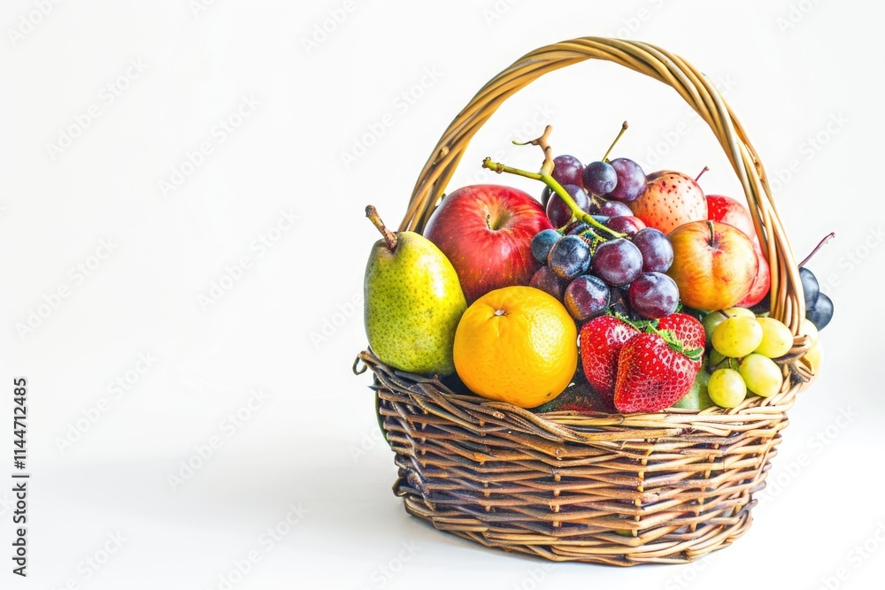 Assorted fruits in wicker basket on white background. Assorted fruits in wicker basket on white background.