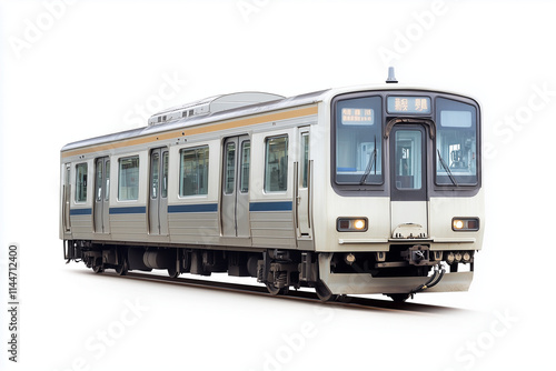 Selective focus modern train isolated on white background, Commuter train on railroad on white background, Convenience public transport.