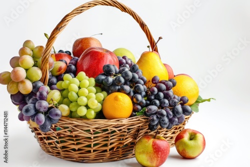 Assorted fruits in wicker basket on white background.