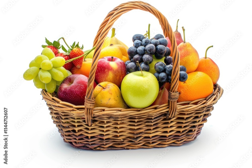 Assorted fruits in wicker basket on white background. Assorted fruits in wicker basket on white background.