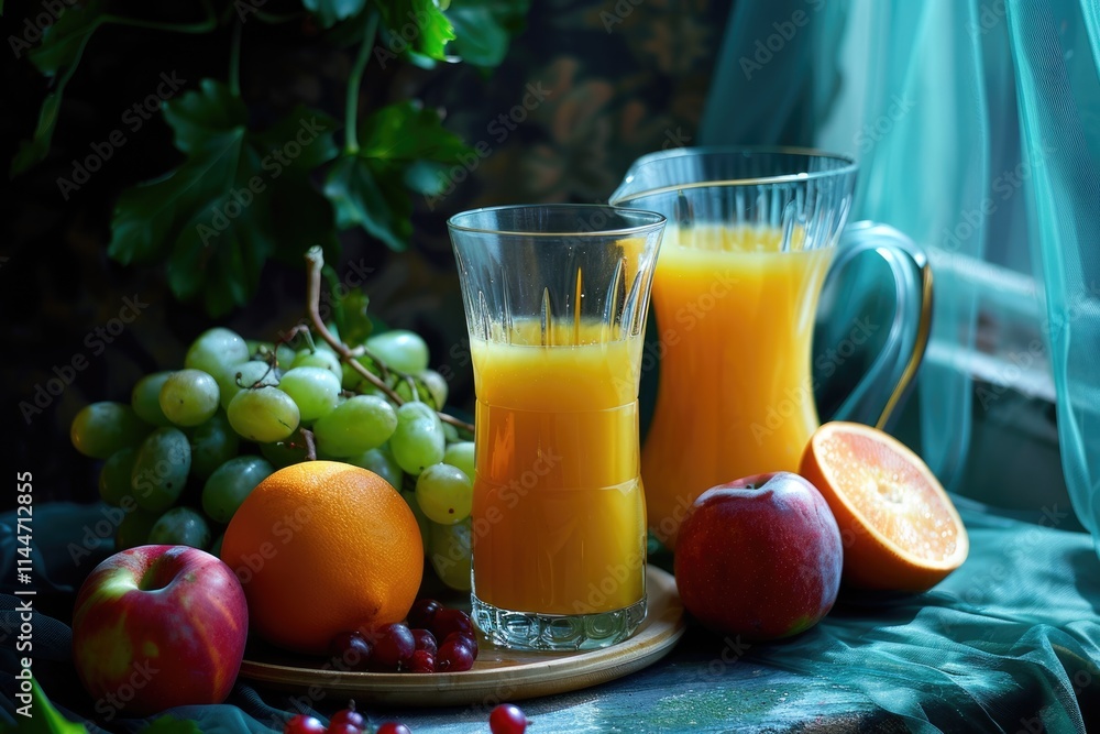 Composition with two glasses of orange juice fruits and pitcher Composition with two glasses of orange juice fruits and pitcher