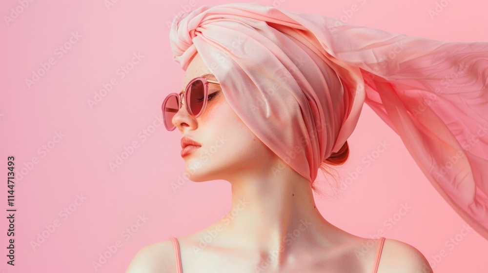 Woman with pink hair and sunglasses against a soft pastel background Woman with pink hair and sunglasses against a soft pastel background