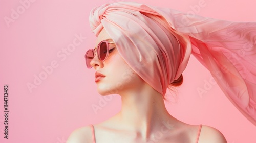 Woman with pink hair and sunglasses against a soft pastel background