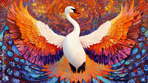 A stunning mosaic illustration displaying a swan with vibrant phoenix-like wings spread against a patterned background. Phoenixlike. Illustration photo