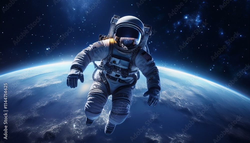 Astronaut Floating in Space with Earth Below, blue color Astronaut Floating in Space with Earth Below, blue color