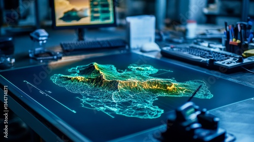 Harbor Depth Map Survey Station - Marine technology, depth analysis, underwater topography, data visualization, ocean research.  High-tech harbor survey.