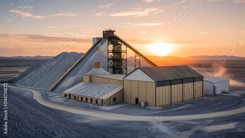 Mining facility at sunset, showcasing industrial structures and large piles of extracted material.