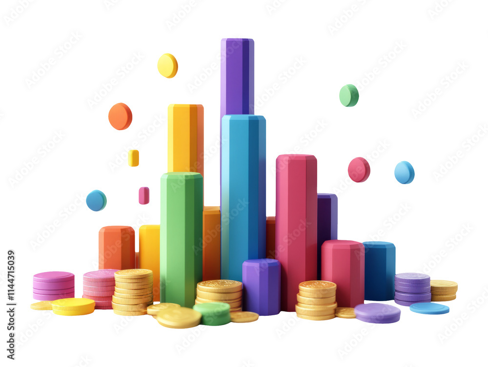 Colorful 3D Bar Chart with Coins and Circles on Transparent Background Colorful 3D Bar Chart with Coins and Circles on Transparent Background