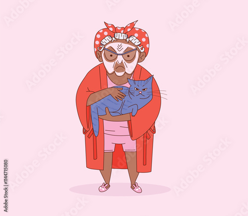 Elderly dark-skinned woman wearing robe, face mask, hair rollers, and headscarf, holding grumpy cat. Relaxation routine with pet. Flat cartoon vector illustration of senior activities.
