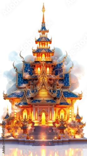 Breathtaking image of an enchanting Thai Buddhist temple illuminated at night showcasing its magnificent architectural splendor adorned with vibrant colorful and ornaments photo