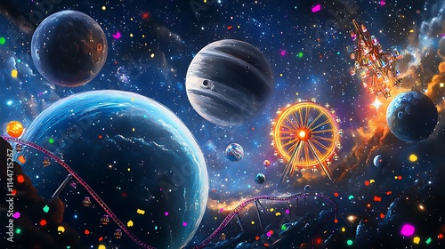 Festive space scene with planets, rollercoaster, Ferris wheel, and confetti.
