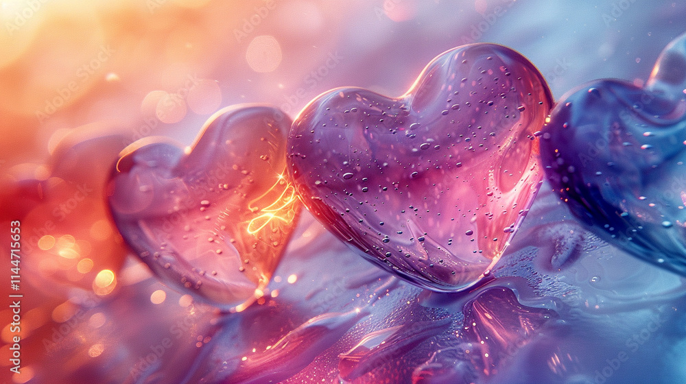 Colorful glass hearts glowing in soft light create a dreamy atmosphere Colorful glass hearts glowing in soft light create a dreamy atmosphere