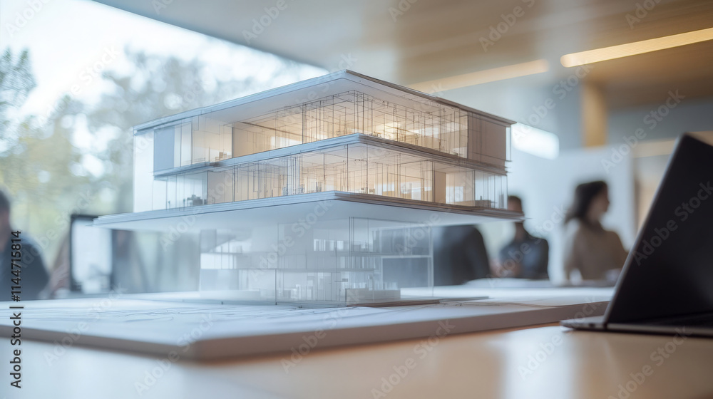 custom made wallpaper toronto digitalAn architect leading a building design presentation at a modern office conference table, showing detailed blueprints and 3D renderings on a laptop, with the team actively engaged.