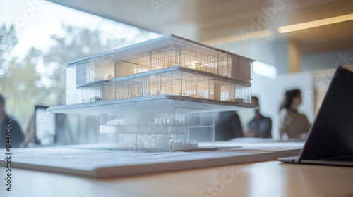 Wallpaper Mural An architect leading a building design presentation at a modern office conference table, showing detailed blueprints and 3D renderings on a laptop, with the team actively engaged. Torontodigital.ca