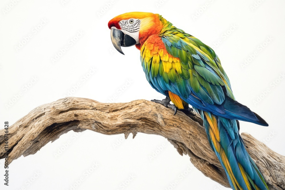 Fototapeta premium A vibrant Blue-and-yellow Macaw perched on weathered driftwood against a stark white background.