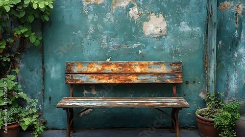 A bench sits in front of a wall with a green background