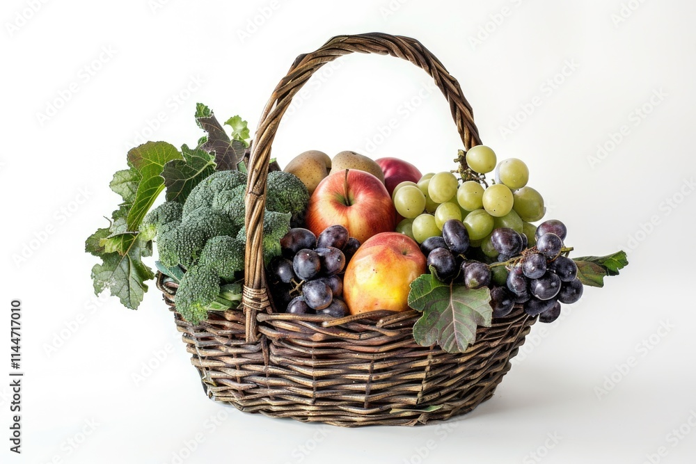 Organic vegetables and fruits in wicker basket isolated on white background.