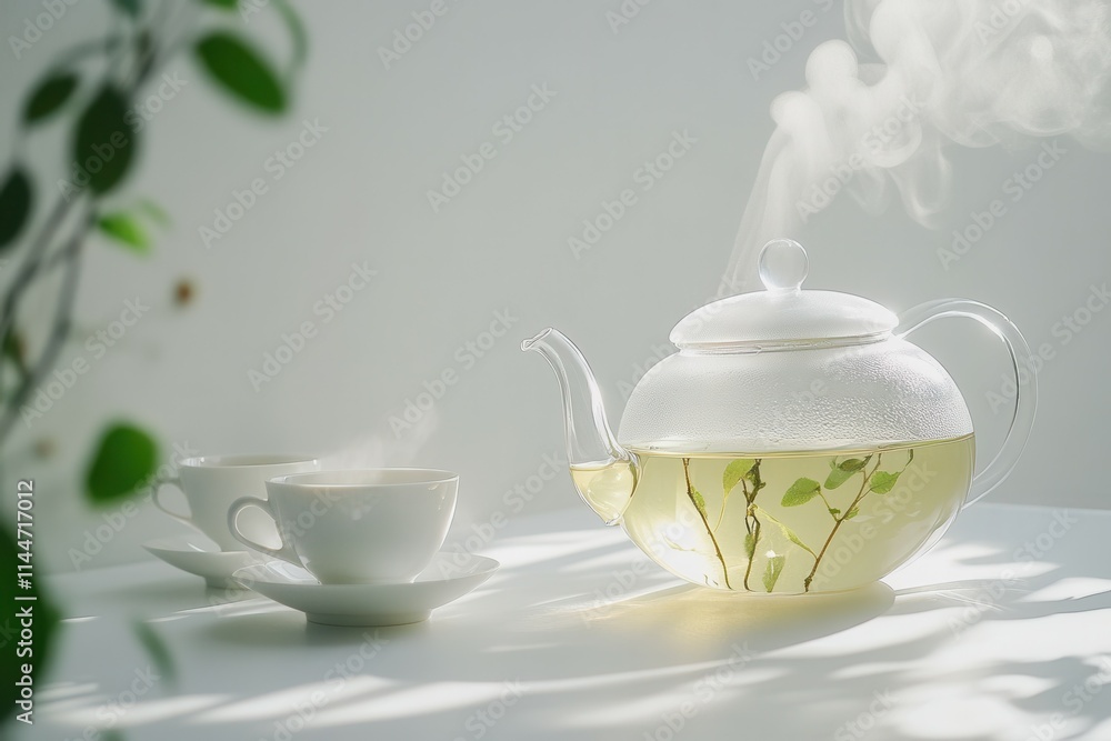 Delicate herbal tea is slowly poured from a transparent teapot into a matching cup. Steam rises gently, creating a serene atmosphere against a clean white background. This scene evokes calm and relaxa Delicate herbal tea is slowly poured from a transparent teapot into a matching cup. Steam rises gently, creating a serene atmosphere against a clean white background. This scene evokes calm and relaxa