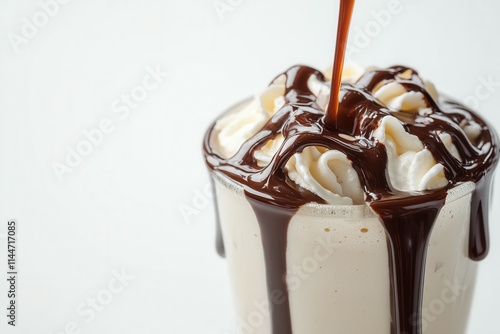 A thick stream of rich chocolate syrup pours over a luscious milkshake, creating glossy streaks across the whipped cream topping. The clean white background enhances the desserts sweetness and indulge photo