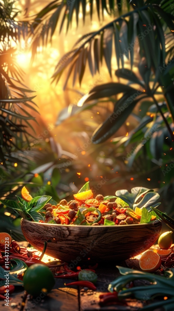 Bountiful display of tropical fruits and berries in a rustic bowl set against a backdrop of lush palm leaves and a glowing sunset in a serene exotic jungle landscape Bountiful display of tropical fruits and berries in a rustic bowl set against a backdrop of lush palm leaves and a glowing sunset in a serene exotic jungle landscape