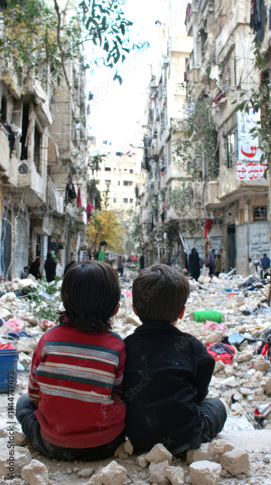 Obraz premium Two children sitting rubble, observing devastated street scene filled with debris and destruction, evoking sense of loss and