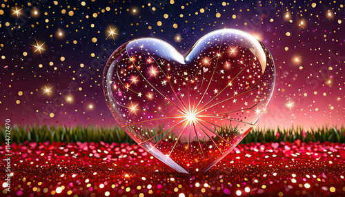 Transparent Heart Orb with Stars on Red Glitter Background