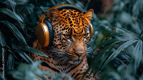 Leopard Listening to Music in the Jungle with Intense Gaze and Stylish Golden Headphones photo