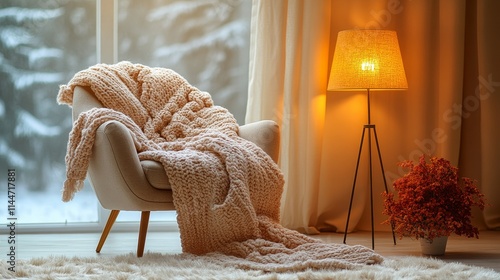 Cozy living room with a warm blanket and lamp