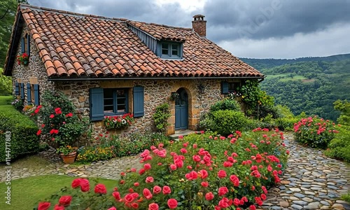A charming stone cottage surrounded by vibrant rose bushes and a scenic landscape.