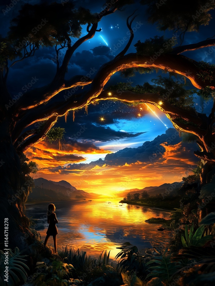A lone figure gazes at a fiery sunset over a tranquil river. A lone figure gazes at a fiery sunset over a tranquil river.