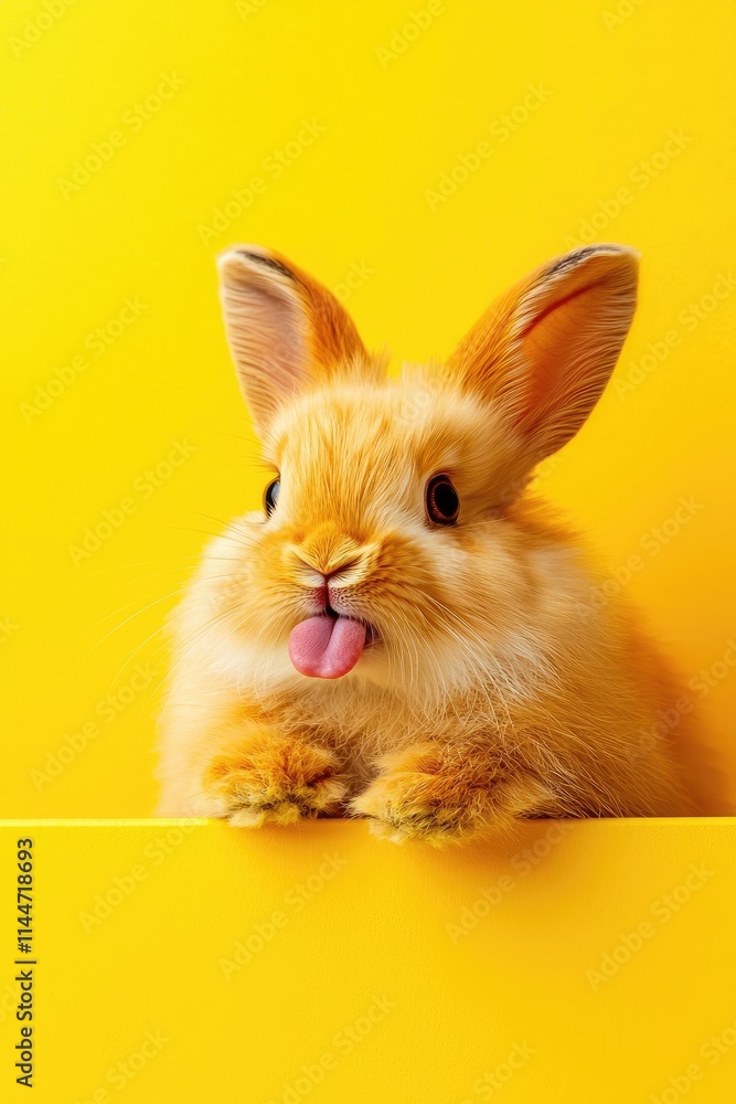 Fototapeta premium Fluffy Yellow Rabbit With Tongue Out Against Vibrant Yellow Background