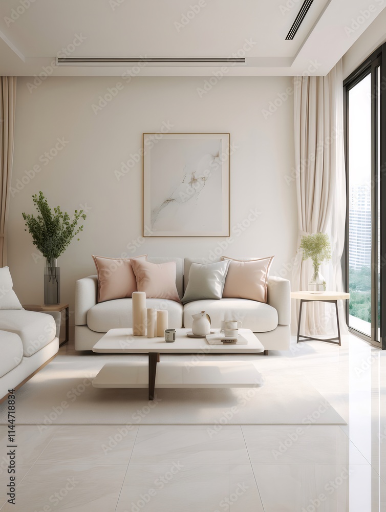 Minimalist living room with white sofa, beige rug, and large windows. Minimalist living room with white sofa, beige rug, and large windows.