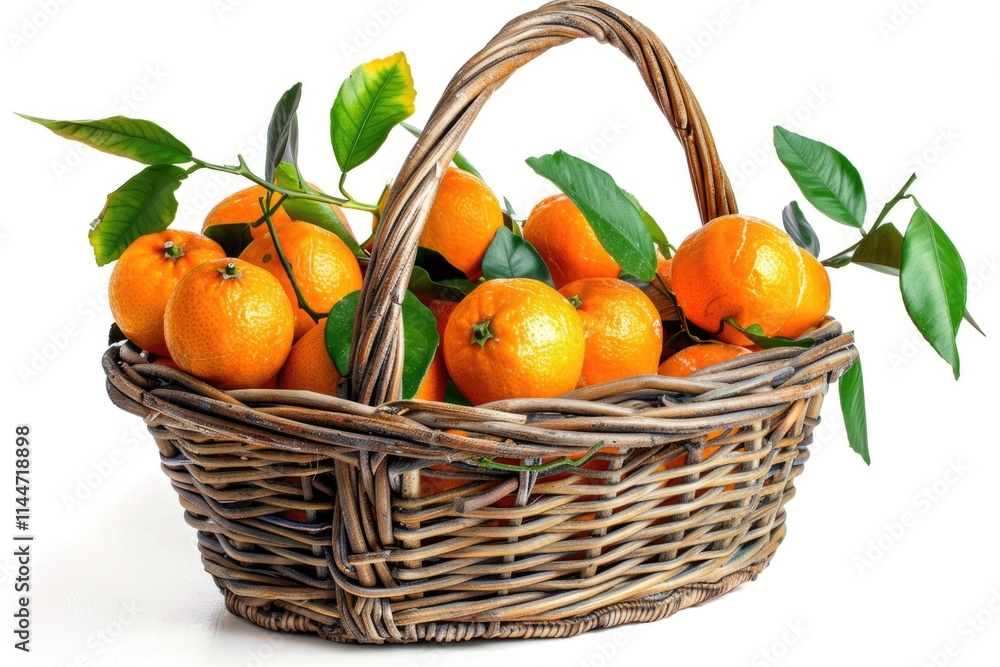 Tangerines in basket with leaves on white background. Tangerines in basket with leaves on white background.