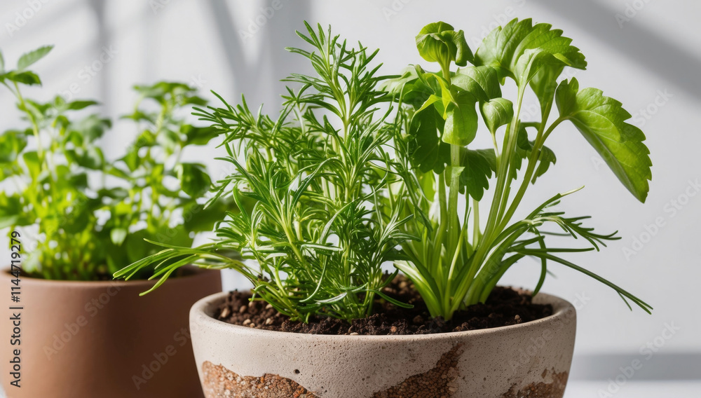 Two potted plants with green leaves sit on a table. One of the plants is a basil plant. Two potted plants with green leaves sit on a table. One of the plants is a basil plant.