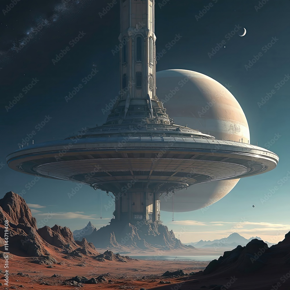 A sprawling space station towers above rocky terrain on a red planet. A massive gas giant looms in the background, surrounded by distant stars, creating a stunning cosmic view. A sprawling space station towers above rocky terrain on a red planet. A massive gas giant looms in the background, surrounded by distant stars, creating a stunning cosmic view.