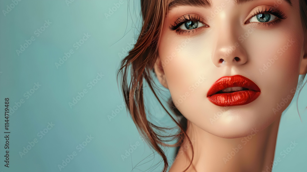 Captivating Portrait of a Woman with Striking Blue Eyes and Red Lips Captivating Portrait of a Woman with Striking Blue Eyes and Red Lips
