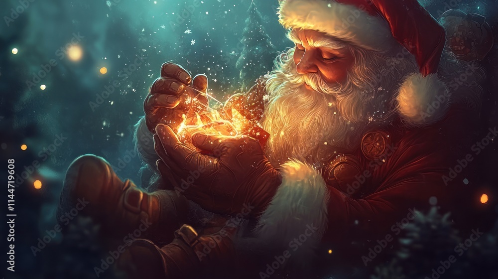 Fototapeta premium Santa Claus gently cradles a glowing orb, magical Christmas eve scene.