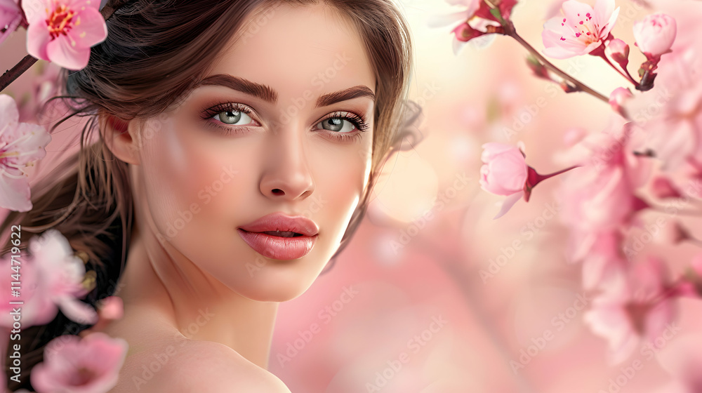 Woman with Beautiful Skin Surrounded by Pink Cherry Blossoms Woman with Beautiful Skin Surrounded by Pink Cherry Blossoms