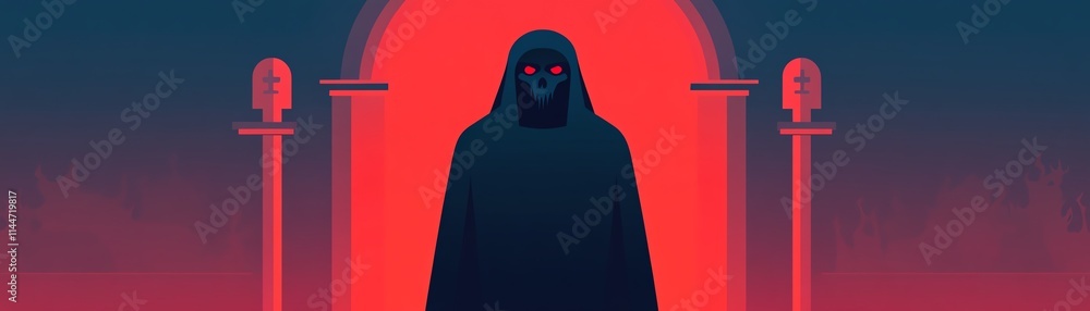 Mysterious hooded figure in red archway. Mysterious hooded figure in red archway.