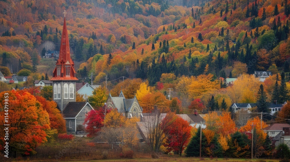 Obraz premium Fall Town: Grandes Piles Church in Colourful Autumn Landscape, Quebec, Canada