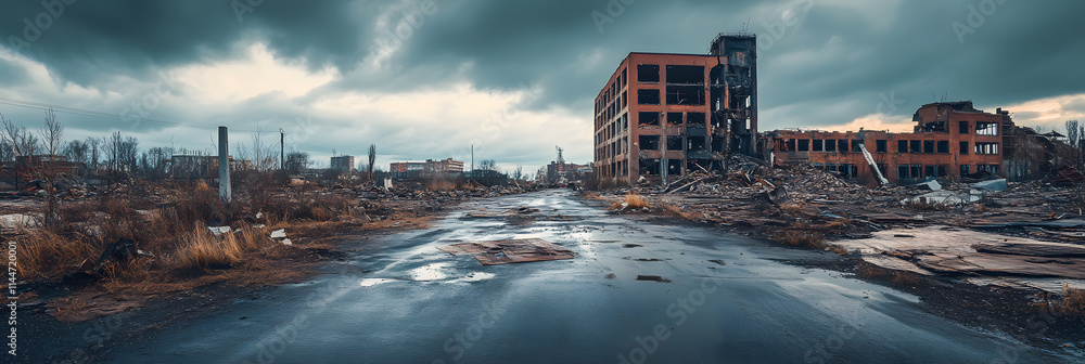 Obraz premium Desolate Industrial Ruins: A Post-Apocalyptic Landscape