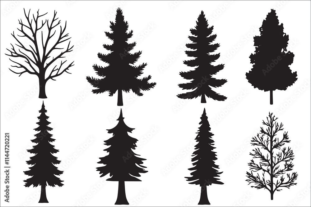 Fototapeta premium Various black tree silhouettes on white background.