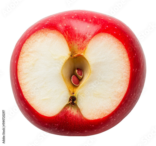 Red apple half showing seeds and texture close-up on transparent background, healthy eating and nutrition concept photo