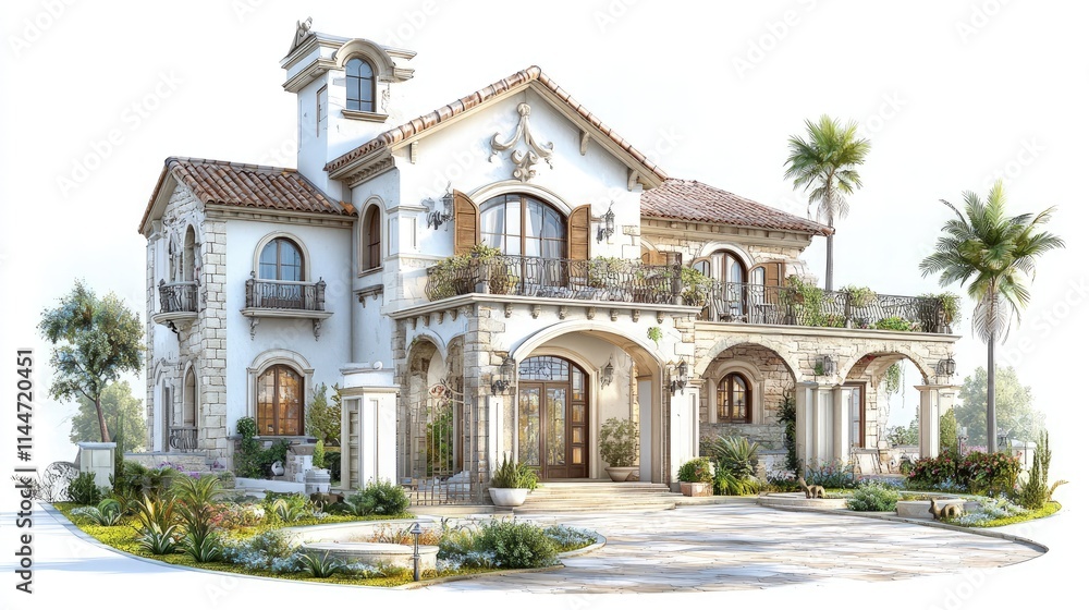 Mediterranean-style villa with landscaped gardens. Mediterranean-style villa with landscaped gardens.