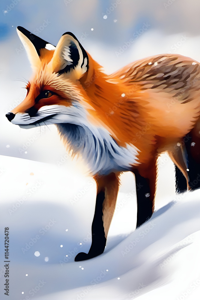 Obraz premium Alert Red Fox Standing Watchful in Pristine Snow
