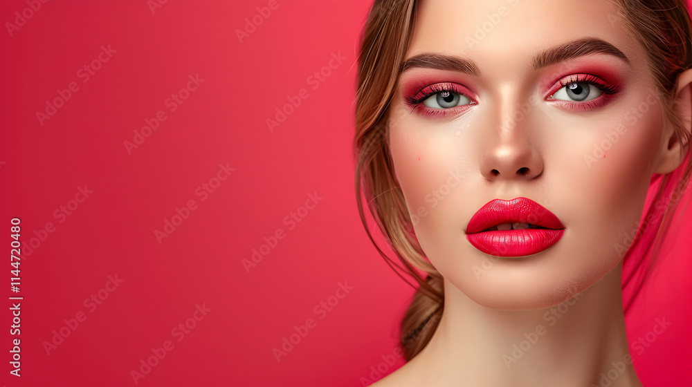 Fototapeta premium Glamorous Model with Bold Makeup on Vibrant Pink Background