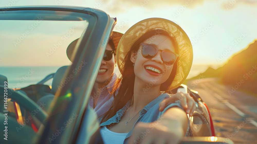 Naklejka premium Joyful Friends Enjoying Sunset Drive in Open Convertible Car