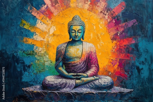 Wallpaper Mural Vibrant Oil Painting of Buddha in Meditative Pose with Radiating Colors and Spiritual Essence Torontodigital.ca